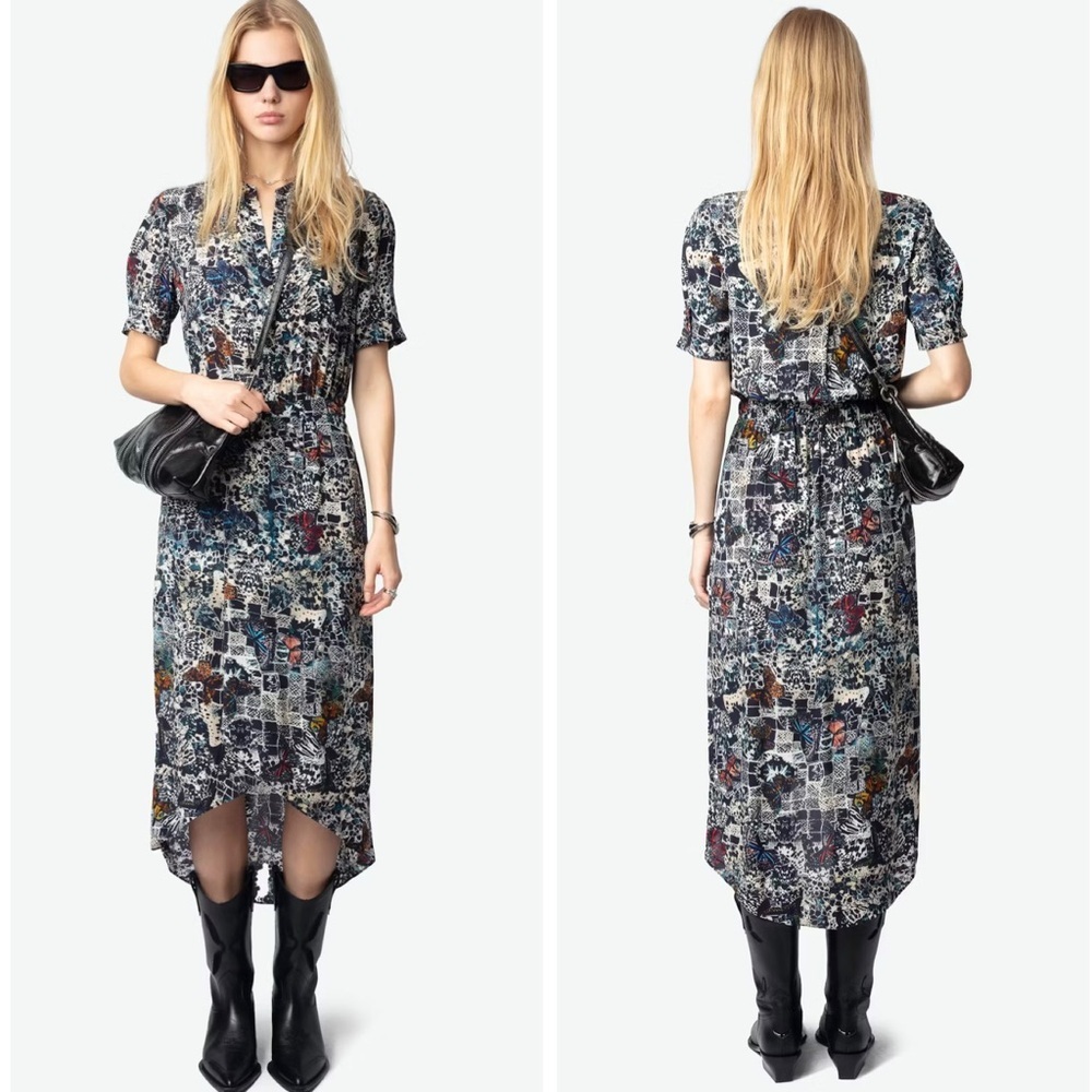 Zadig & Voltaire Rimaz Soft Butterflies Short Sleeve Asymmetrical Midi Dress NEW - Picture 4 of 14